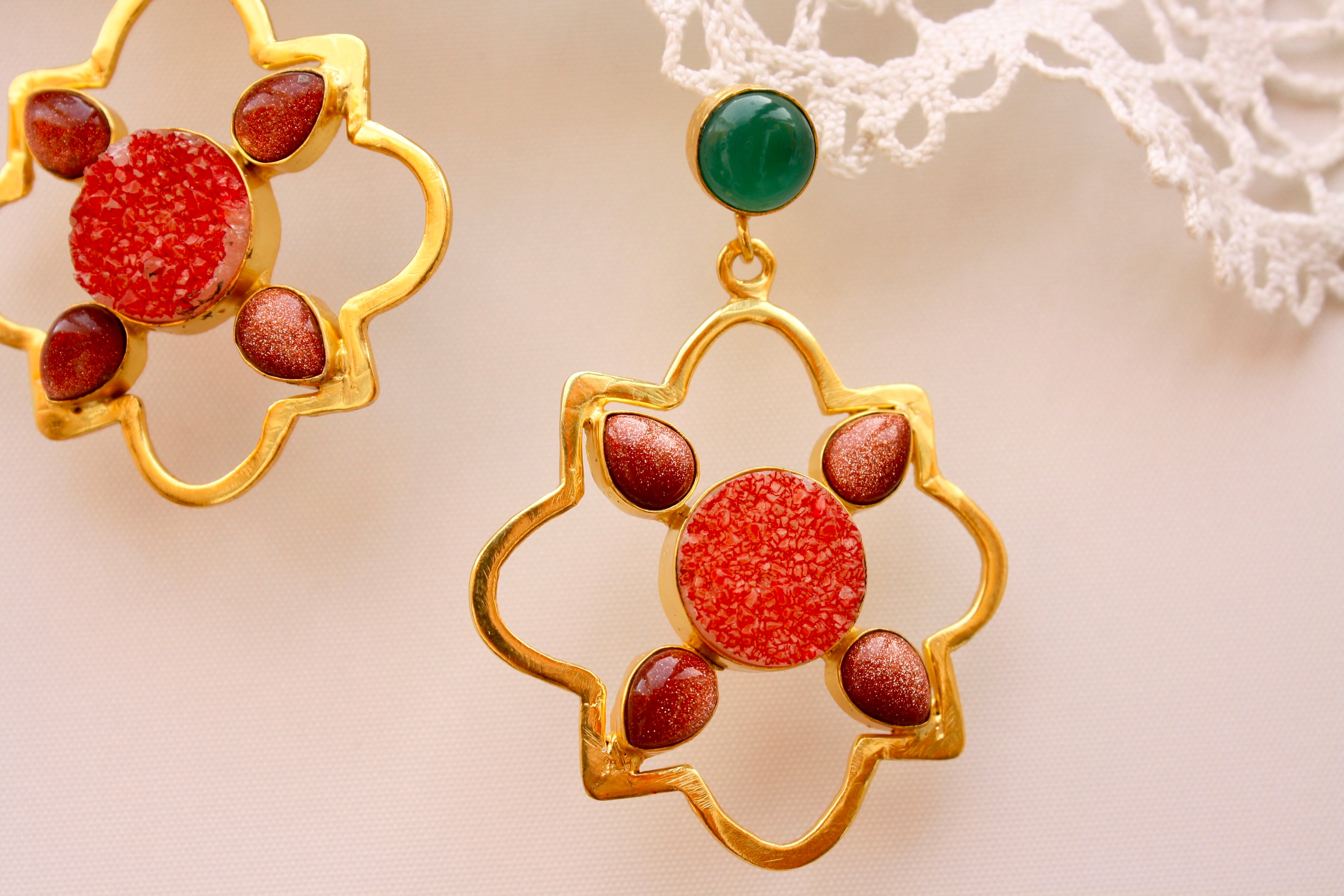 Onyx Sunstone Gold Earrings