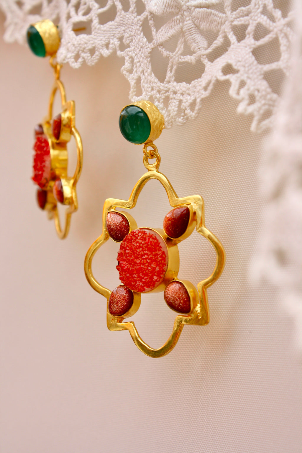 Onyx Sunstone Gold Earrings