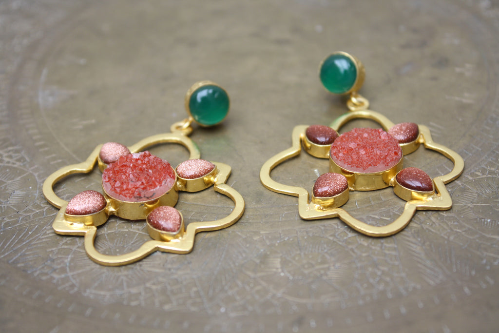 Onyx Sunstone Gold Earrings