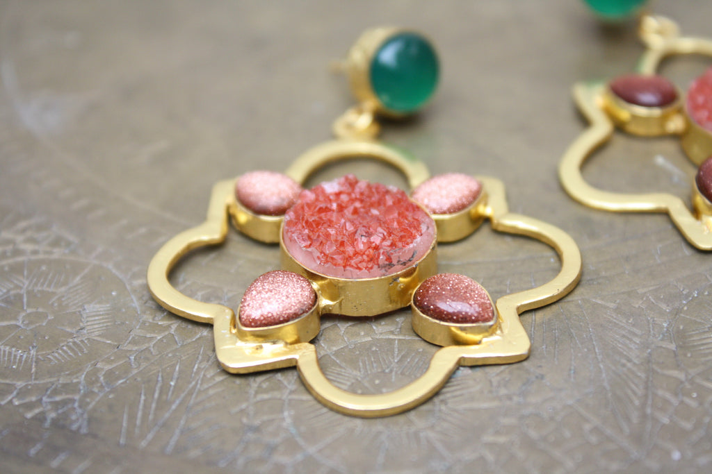 Onyx Sunstone Gold Earrings