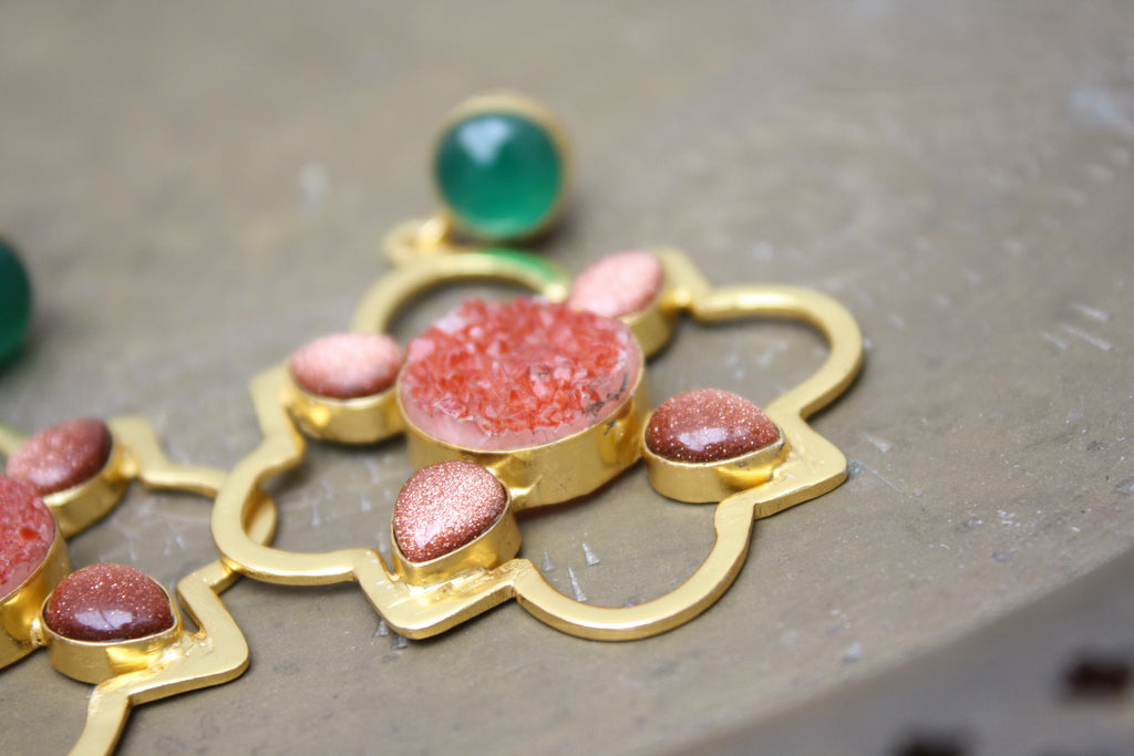 Onyx Sunstone Gold Earrings