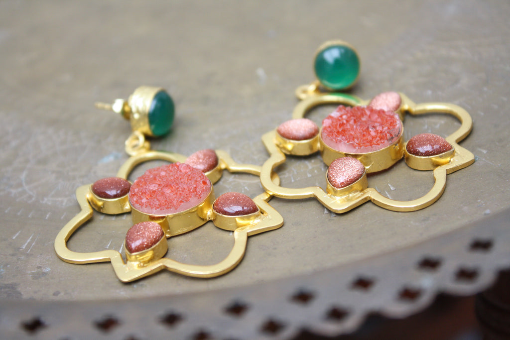 Onyx Sunstone Gold Earrings