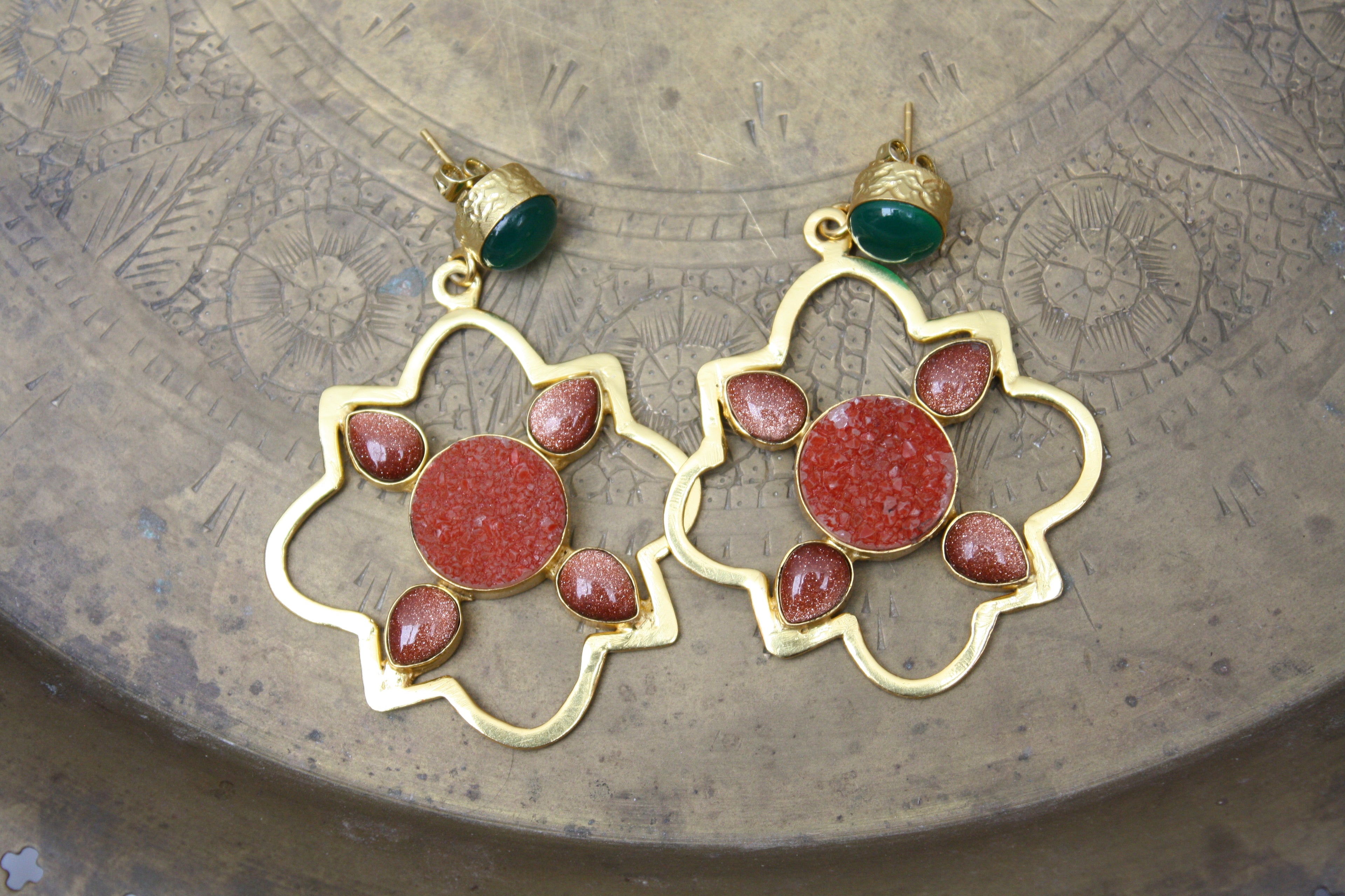 Onyx Sunstone Gold Earrings