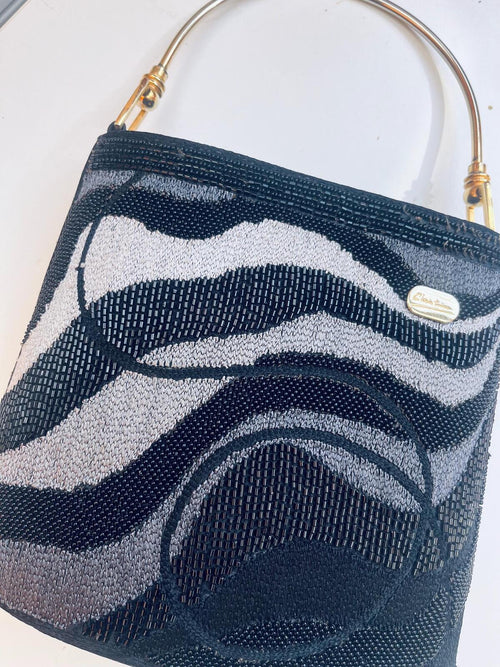 Vintage 80s Beaded Grey Black Swirl Evening Bag